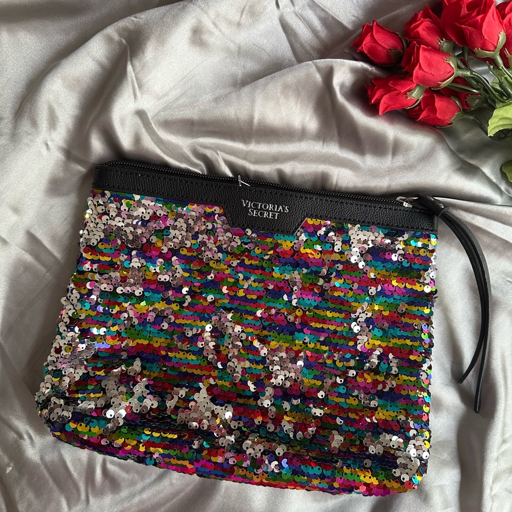 🌹Victoria's Secret Rainbow Sequin Cosmetic Toiletries Pouch Bag